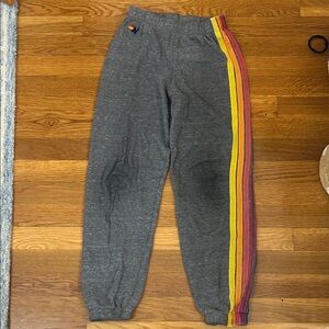 Girls grey and rainbow striped Aviator Nation sweatpants